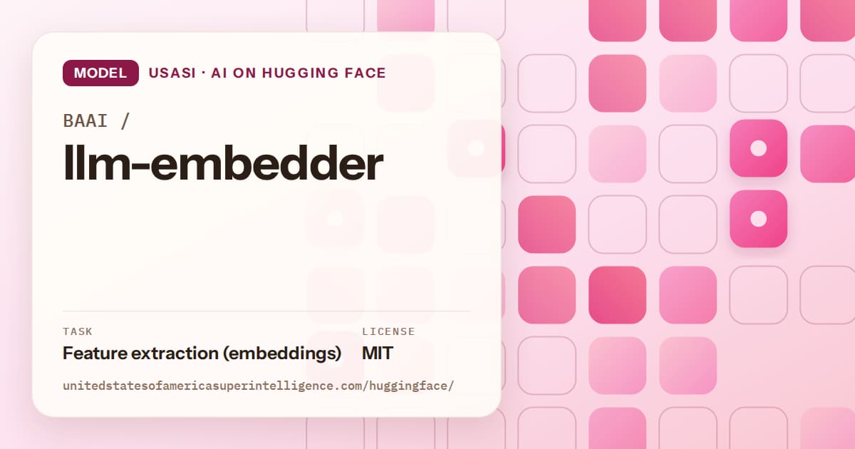 Generated rose rounded-tile grid artwork for the model BAAI/llm-embedder, labeled USASI · AI on Hugging Face, with Task: Feature extraction (embeddings) · License: MIT.