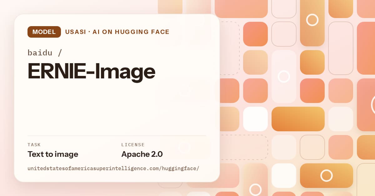 Generated orange tile-mosaic artwork for the model baidu/ERNIE-Image, labeled USASI · AI on Hugging Face, with Task: Text to image · License: Apache 2.0.