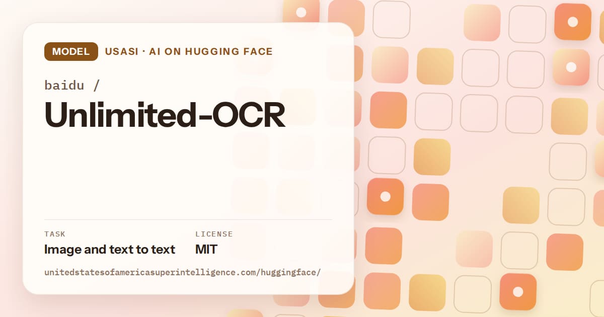 Generated orange rounded-tile grid artwork for the model baidu/Unlimited-OCR, labeled USASI · AI on Hugging Face, with Task: Image and text to text · License: MIT.