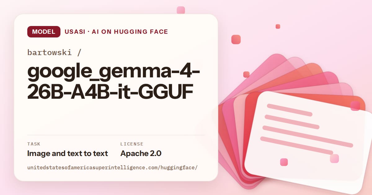 Generated coral layered-card artwork for the model bartowski/google_gemma-4-26B-A4B-it-GGUF, labeled USASI · AI on Hugging Face, with Task: Image and text to text · License: Apache 2.0.