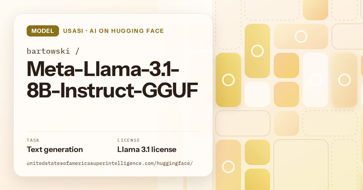 Generated gold tile-mosaic artwork for the model bartowski/Meta-Llama-3.1-8B-Instruct-GGUF, labeled USASI · AI on Hugging Face, with Task: Text generation · License: Llama 3.1 license.