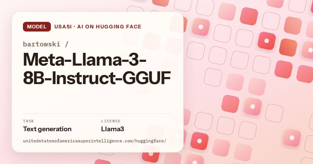 Generated coral rounded-tile grid artwork for the model bartowski/Meta-Llama-3-8B-Instruct-GGUF, labeled USASI · AI on Hugging Face, with Task: Text generation · License: Llama3.