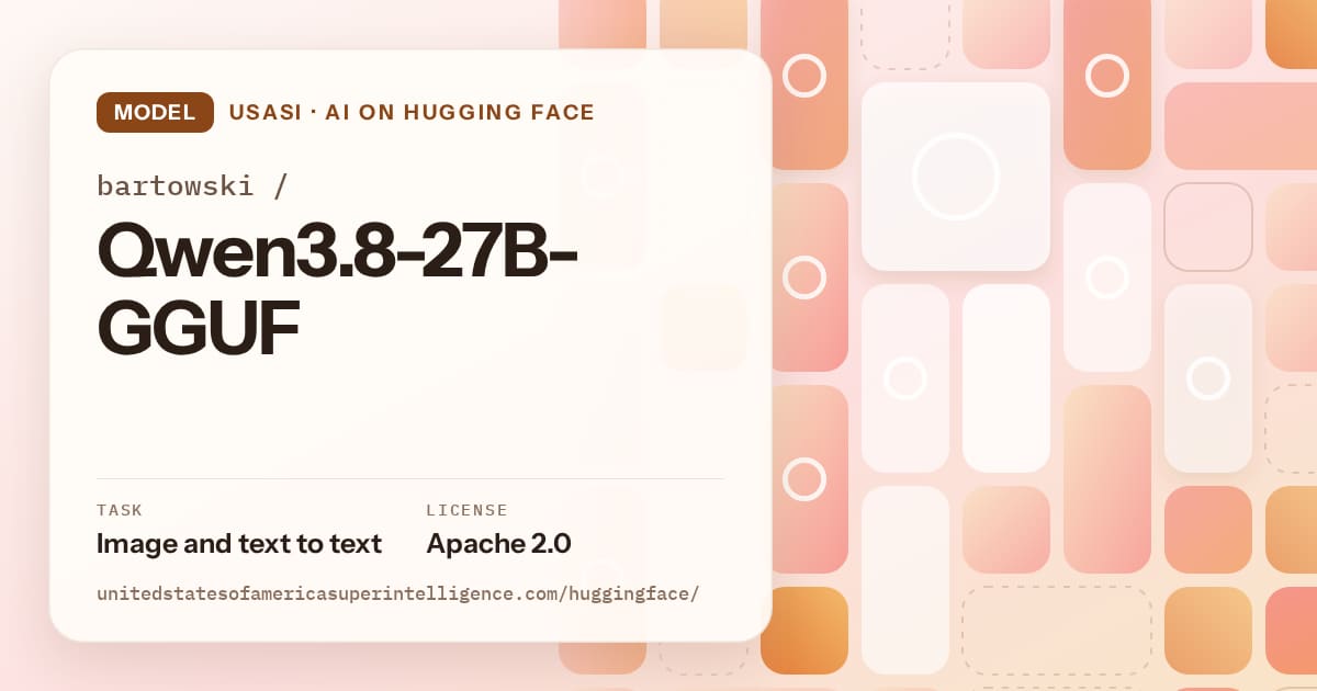 Generated orange tile-mosaic artwork for the model bartowski/Qwen3.8-27B-GGUF, labeled USASI · AI on Hugging Face, with Task: Image and text to text · License: Apache 2.0.
