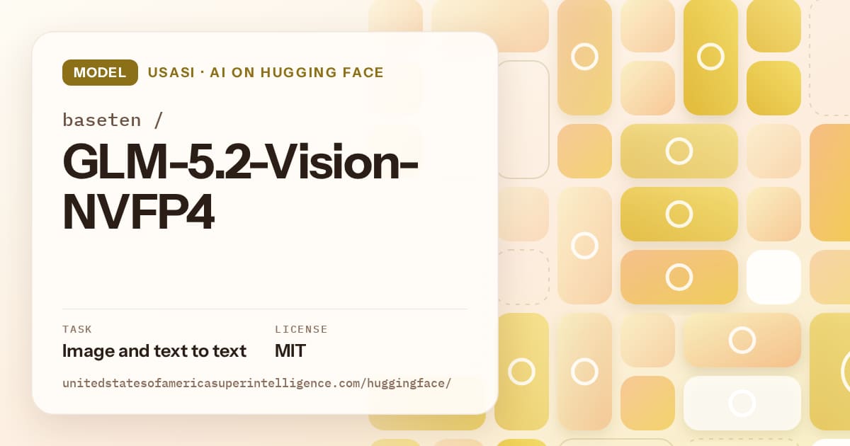 Generated gold tile-mosaic artwork for the model baseten/GLM-5.2-Vision-NVFP4, labeled USASI · AI on Hugging Face, with Task: Image and text to text · License: MIT.