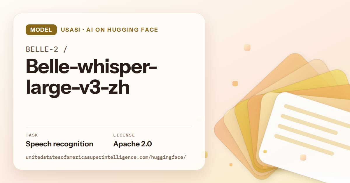Generated amber layered-card artwork for the model BELLE-2/Belle-whisper-large-v3-zh, labeled USASI · AI on Hugging Face, with Task: Speech recognition · License: Apache 2.0.
