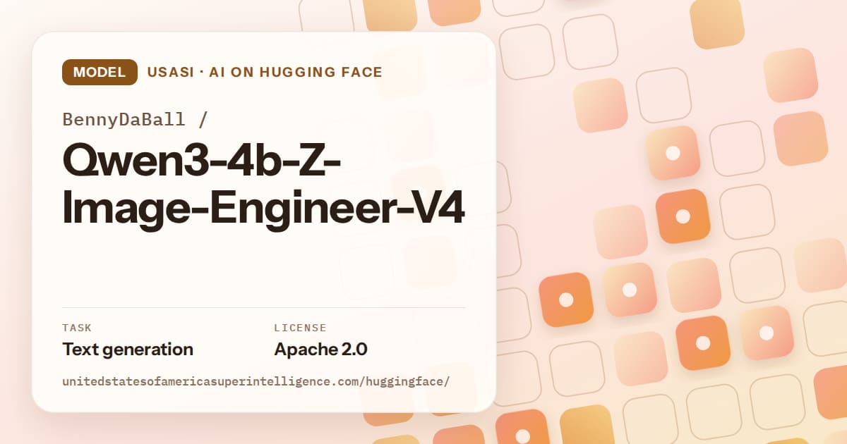 Generated orange rounded-tile grid artwork for the model BennyDaBall/Qwen3-4b-Z-Image-Engineer-V4, labeled USASI · AI on Hugging Face, with Task: Text generation · License: Apache 2.0.