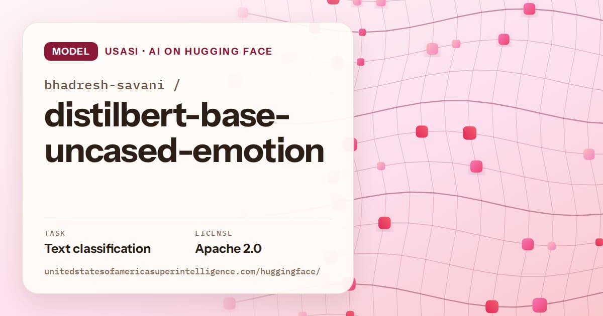 Generated rose wave-lattice artwork for the model bhadresh-savani/distilbert-base-uncased-emotion, labeled USASI · AI on Hugging Face, with Task: Text classification · License: Apache 2.0.