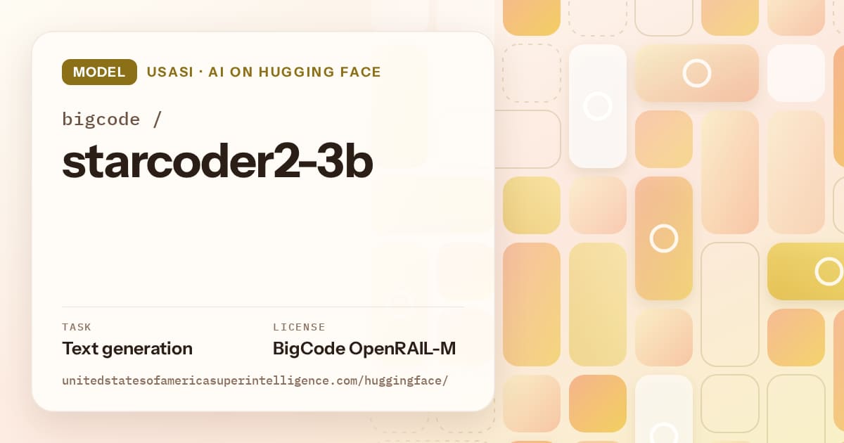 Generated gold tile-mosaic artwork for the model bigcode/starcoder2-3b, labeled USASI · AI on Hugging Face, with Task: Text generation · License: BigCode OpenRAIL-M.