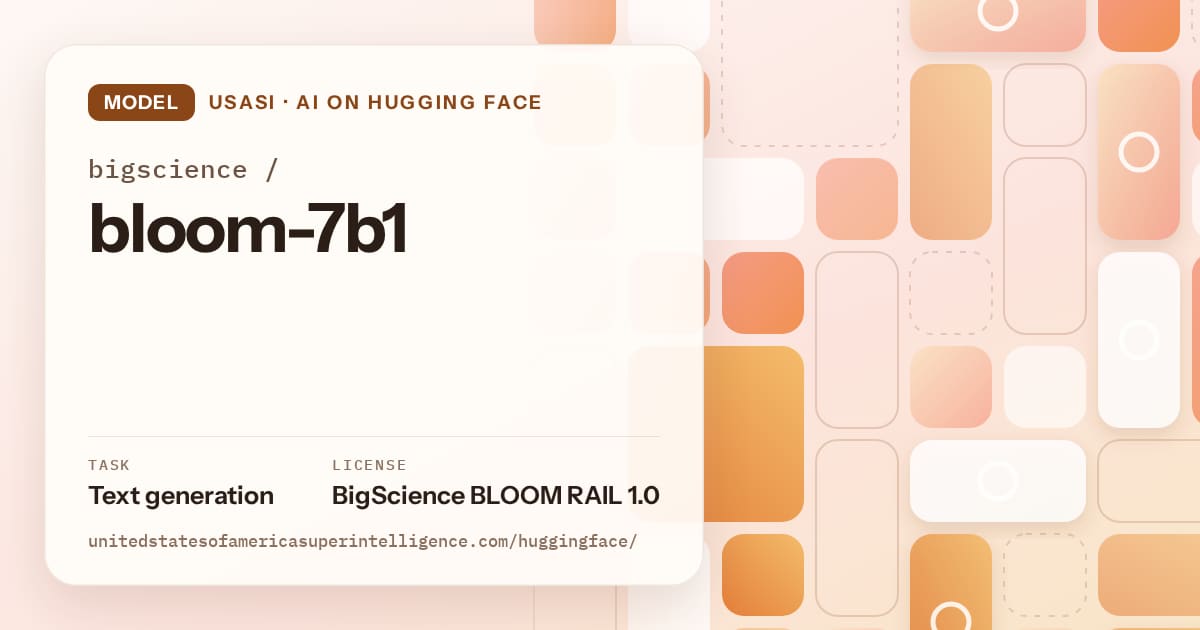 Generated orange tile-mosaic artwork for the model bigscience/bloom-7b1, labeled USASI · AI on Hugging Face, with Task: Text generation · License: BigScience BLOOM RAIL 1.0.
