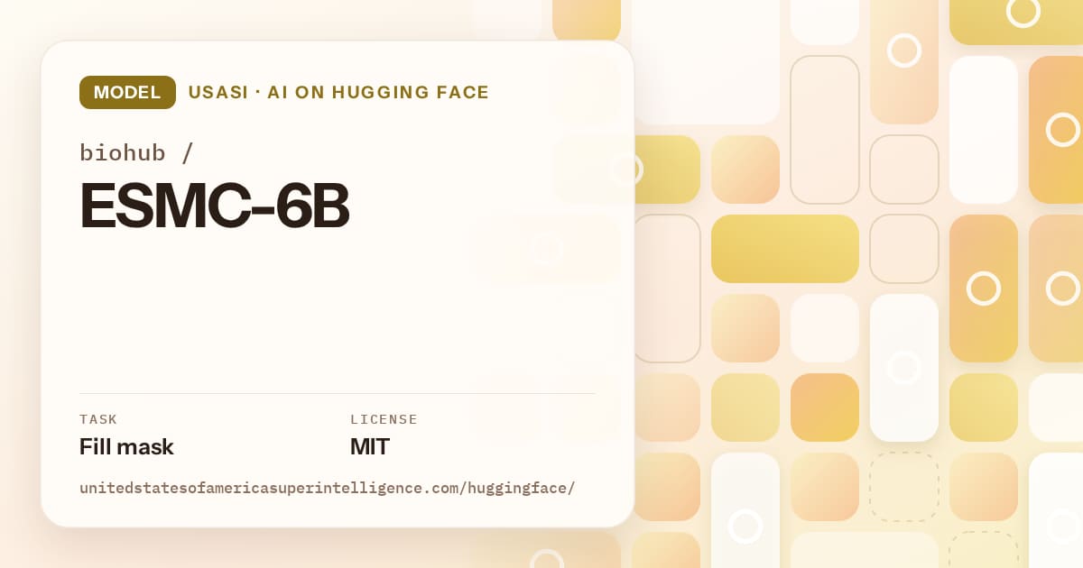 Generated gold tile-mosaic artwork for the model biohub/ESMC-6B, labeled USASI · AI on Hugging Face, with Task: Fill mask · License: MIT.