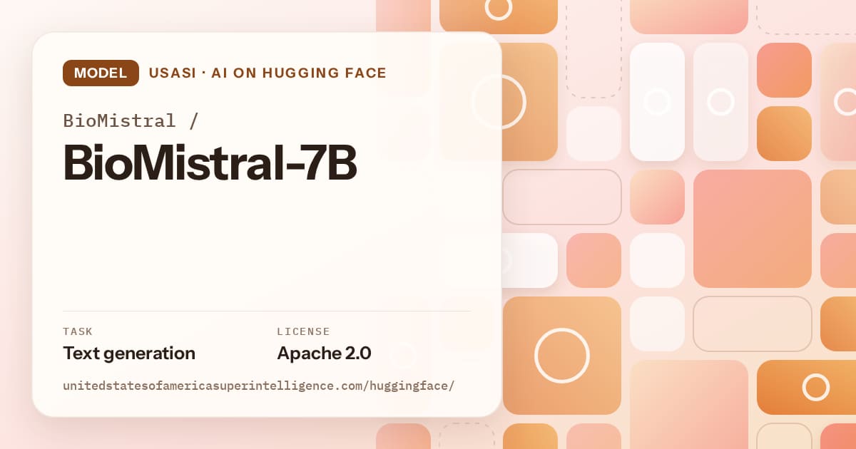 Generated orange tile-mosaic artwork for the model BioMistral/BioMistral-7B, labeled USASI · AI on Hugging Face, with Task: Text generation · License: Apache 2.0.