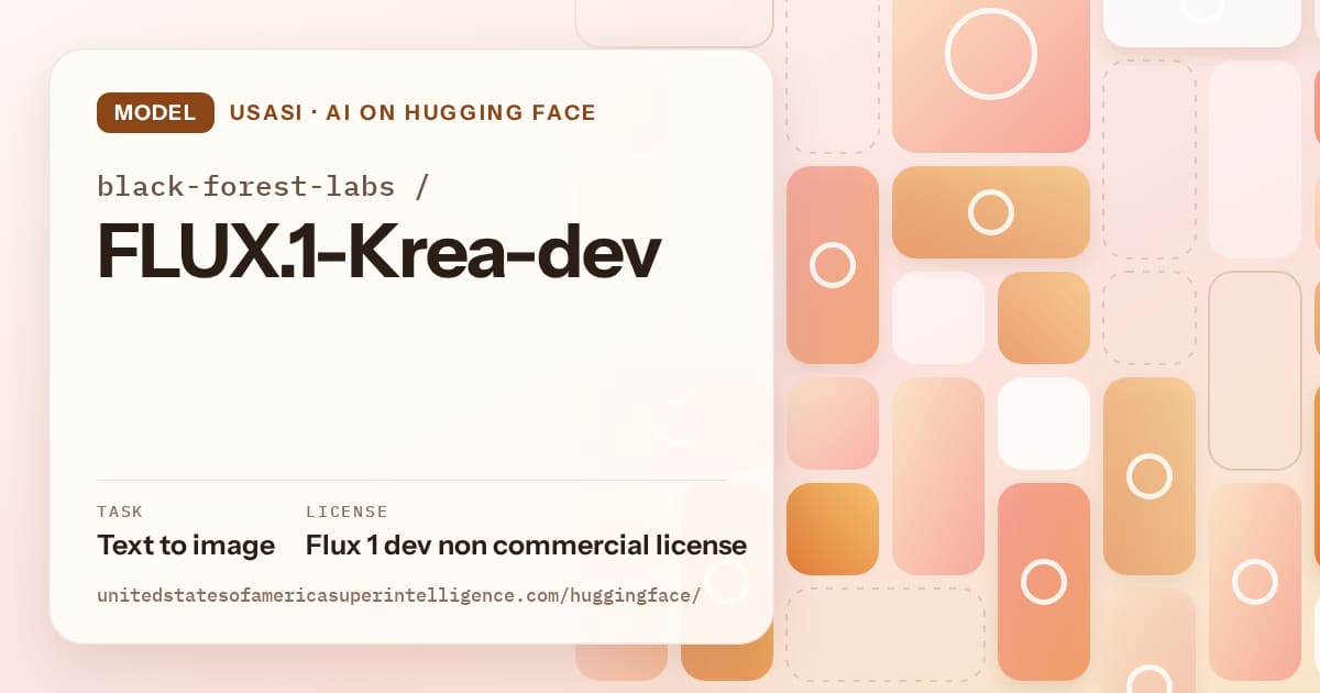 Generated orange tile-mosaic artwork for the model black-forest-labs/FLUX.1-Krea-dev, labeled USASI · AI on Hugging Face, with Task: Text to image · License: Flux 1 dev non commercial license.