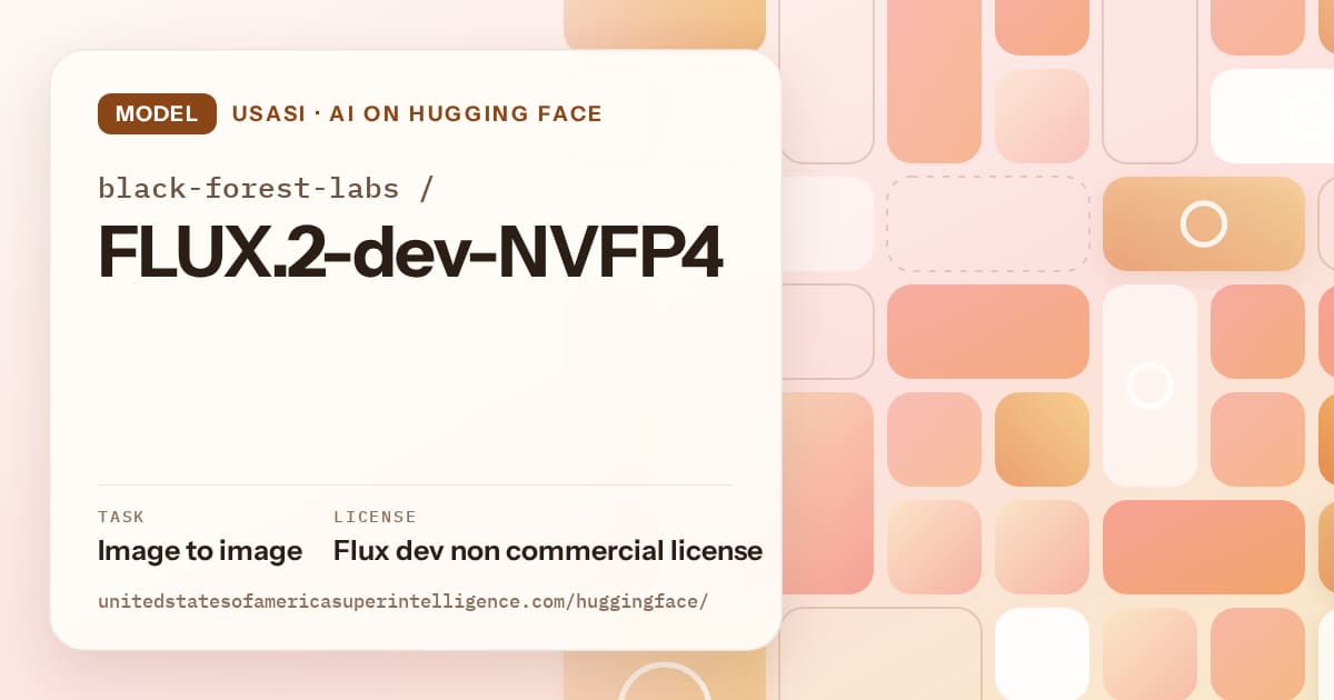 Generated orange tile-mosaic artwork for the model black-forest-labs/FLUX.2-dev-NVFP4, labeled USASI · AI on Hugging Face, with Task: Image to image · License: Flux dev non commercial license.