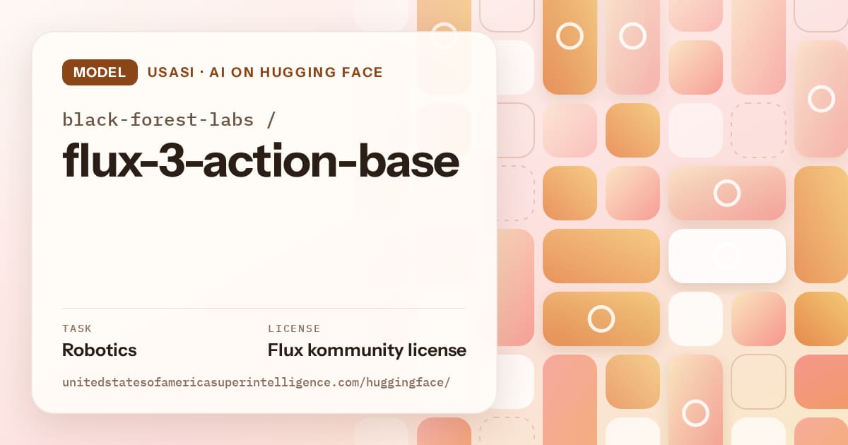 Generated orange tile-mosaic artwork for the model black-forest-labs/flux-3-action-base, labeled USASI · AI on Hugging Face, with Task: Robotics · License: Flux kommunity license.