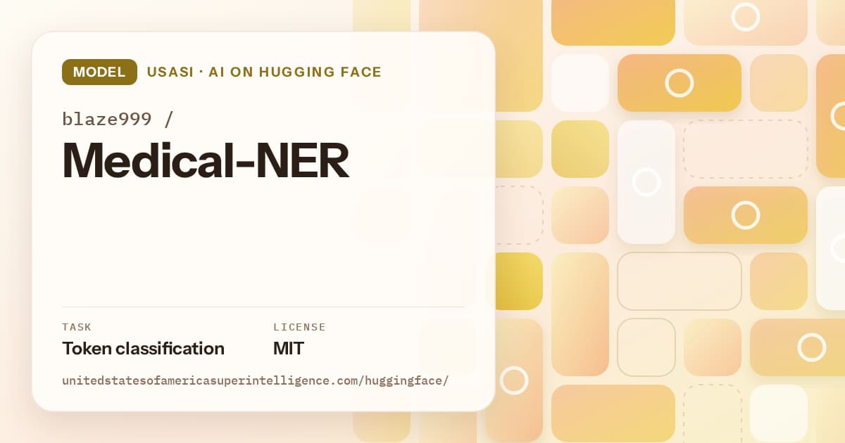 Generated gold tile-mosaic artwork for the model blaze999/Medical-NER, labeled USASI · AI on Hugging Face, with Task: Token classification · License: MIT.