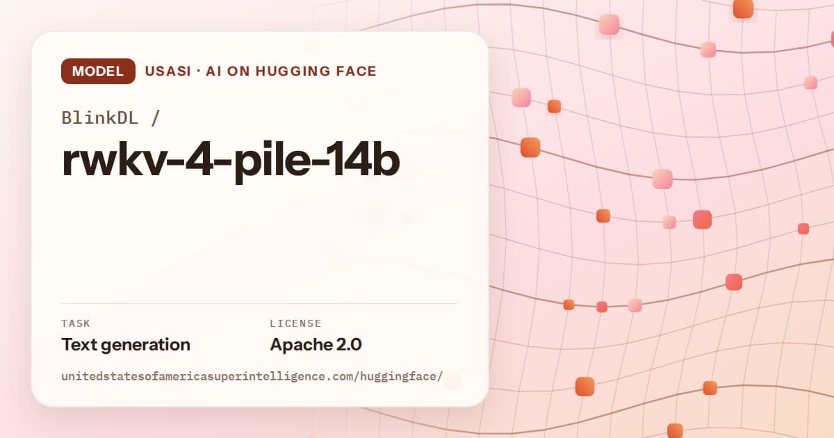Generated tangerine wave-lattice artwork for the model BlinkDL/rwkv-4-pile-14b, labeled USASI · AI on Hugging Face, with Task: Text generation · License: Apache 2.0.