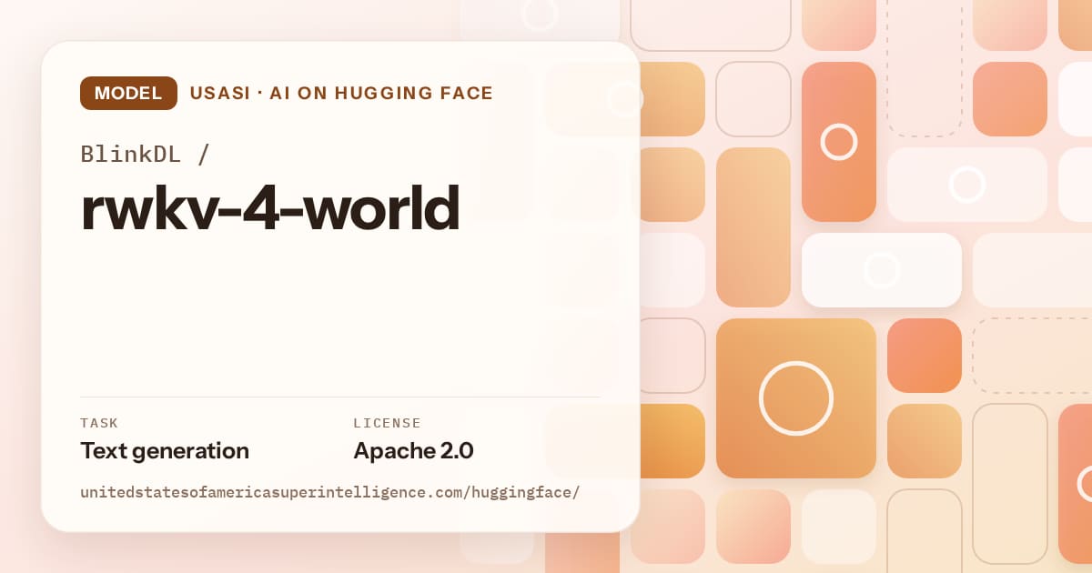 Generated orange tile-mosaic artwork for the model BlinkDL/rwkv-4-world, labeled USASI · AI on Hugging Face, with Task: Text generation · License: Apache 2.0.