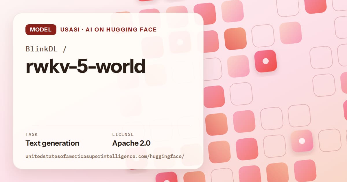 Generated coral rounded-tile grid artwork for the model BlinkDL/rwkv-5-world, labeled USASI · AI on Hugging Face, with Task: Text generation · License: Apache 2.0.