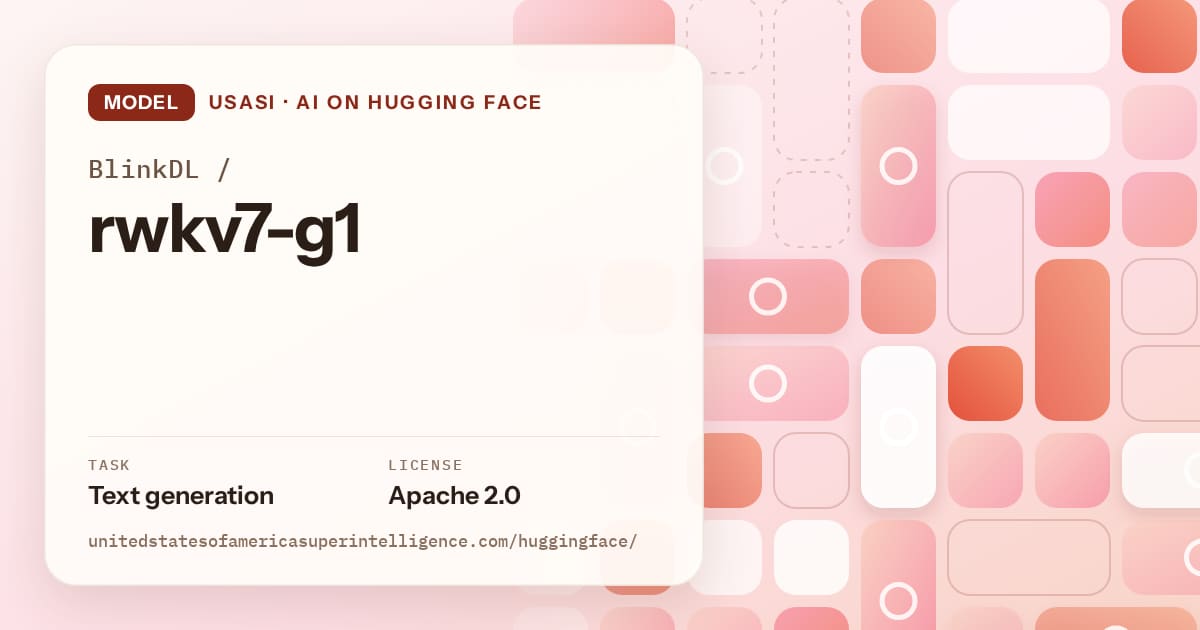 Generated coral tile-mosaic artwork for the model BlinkDL/rwkv7-g1, labeled USASI · AI on Hugging Face, with Task: Text generation · License: Apache 2.0.