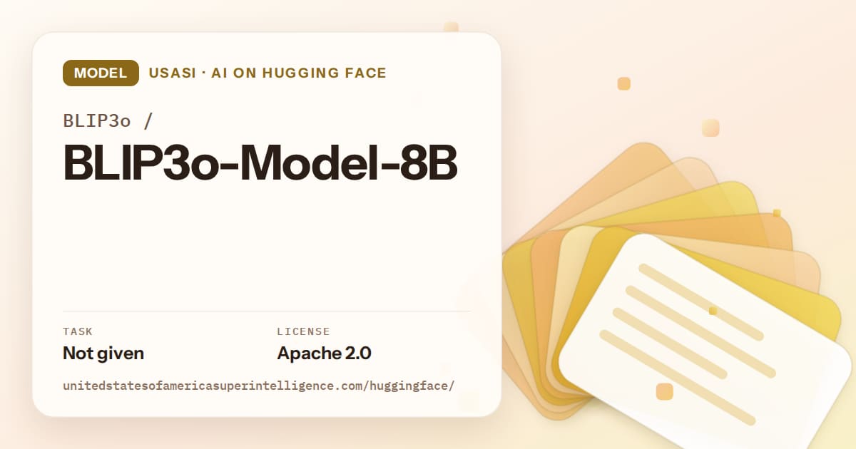 Generated amber layered-card artwork for the model BLIP3o/BLIP3o-Model-8B, labeled USASI · AI on Hugging Face, with Task: Not given · License: Apache 2.0.