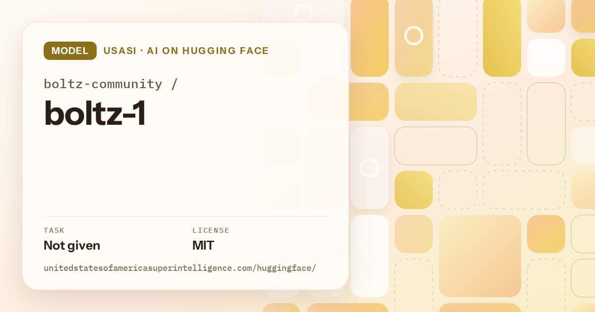 Generated gold tile-mosaic artwork for the model boltz-community/boltz-1, labeled USASI · AI on Hugging Face, with Task: Not given · License: MIT.