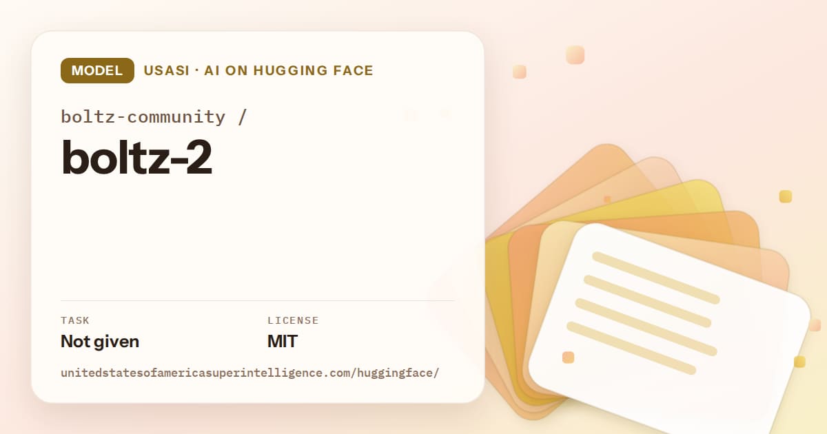Generated amber layered-card artwork for the model boltz-community/boltz-2, labeled USASI · AI on Hugging Face, with Task: Not given · License: MIT.