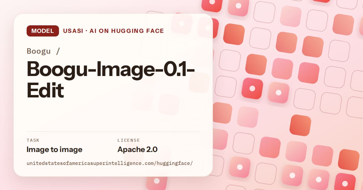 Generated coral rounded-tile grid artwork for the model Boogu/Boogu-Image-0.1-Edit, labeled USASI · AI on Hugging Face, with Task: Image to image · License: Apache 2.0.