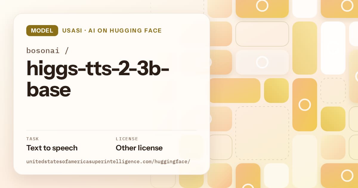Generated gold tile-mosaic artwork for the model bosonai/higgs-tts-2-3b-base, labeled USASI · AI on Hugging Face, with Task: Text to speech · License: Other license.