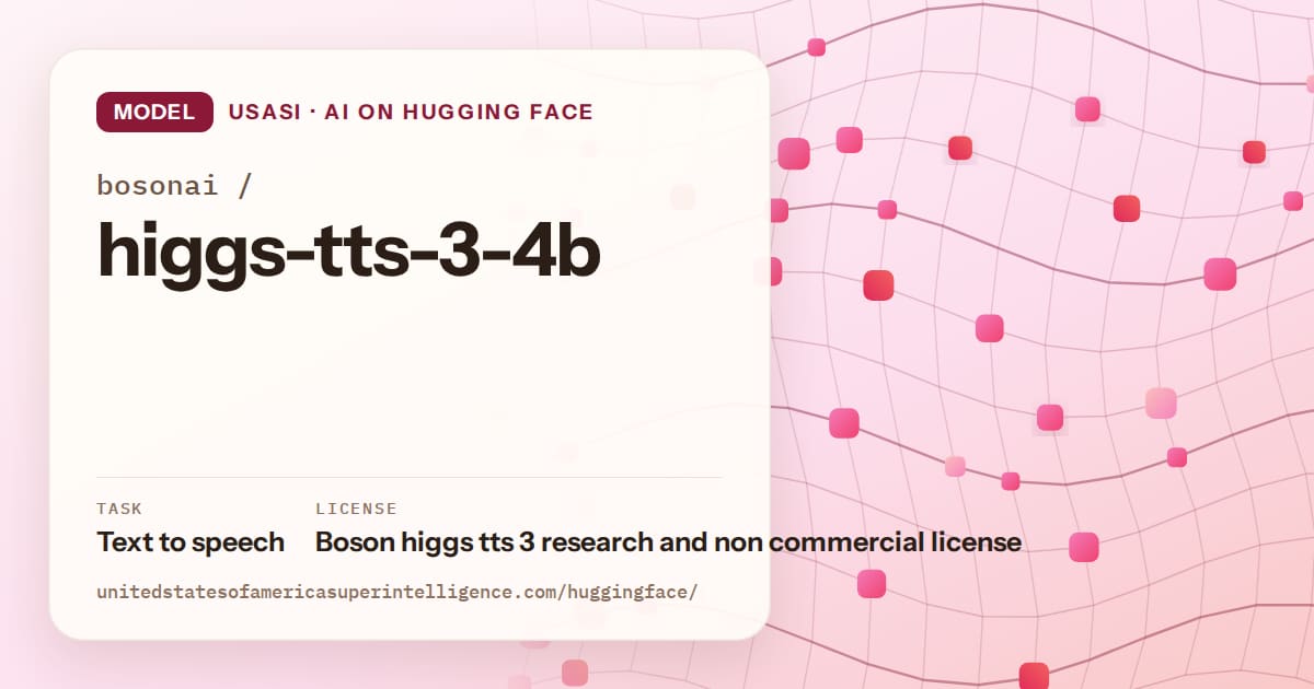 Generated rose wave-lattice artwork for the model bosonai/higgs-tts-3-4b, labeled USASI · AI on Hugging Face, with Task: Text to speech · License: Boson higgs tts 3 research and non commercial license.