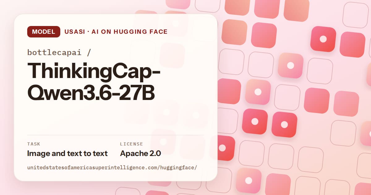 Generated coral rounded-tile grid artwork for the model bottlecapai/ThinkingCap-Qwen3.6-27B, labeled USASI · AI on Hugging Face, with Task: Image and text to text · License: Apache 2.0.