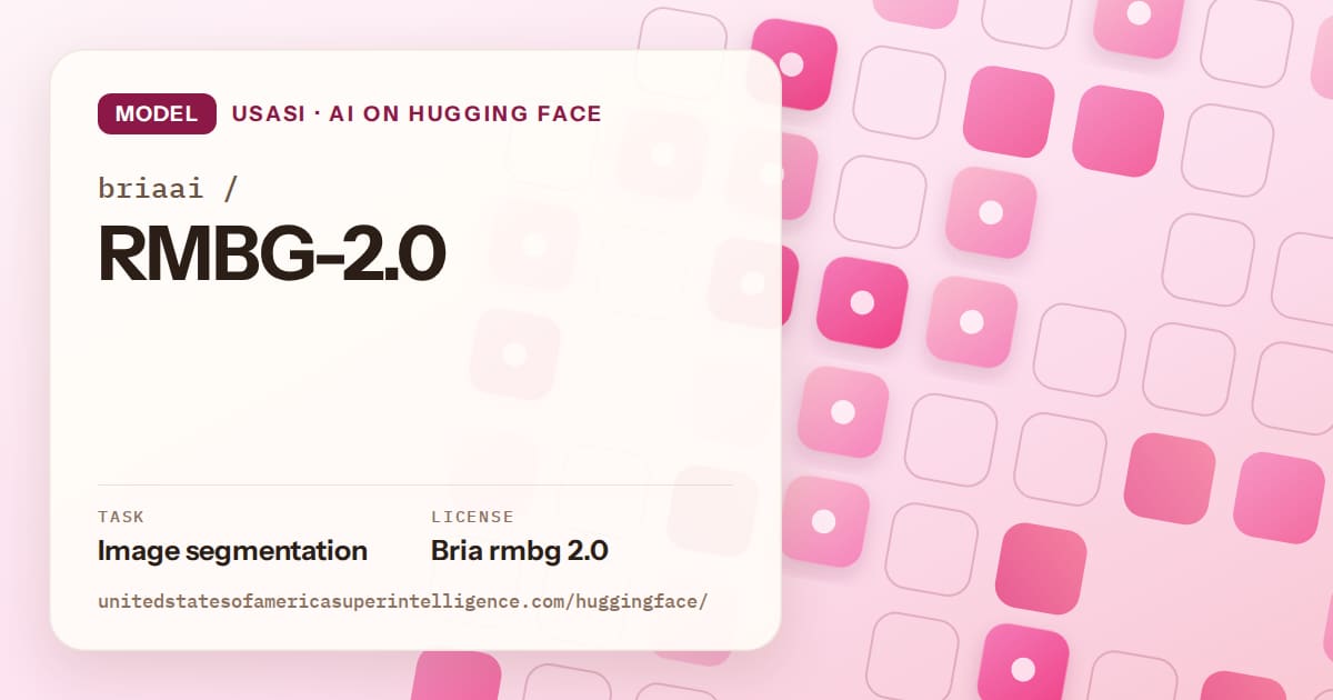 Generated rose rounded-tile grid artwork for the model briaai/RMBG-2.0, labeled USASI · AI on Hugging Face, with Task: Image segmentation · License: Bria rmbg 2.0.