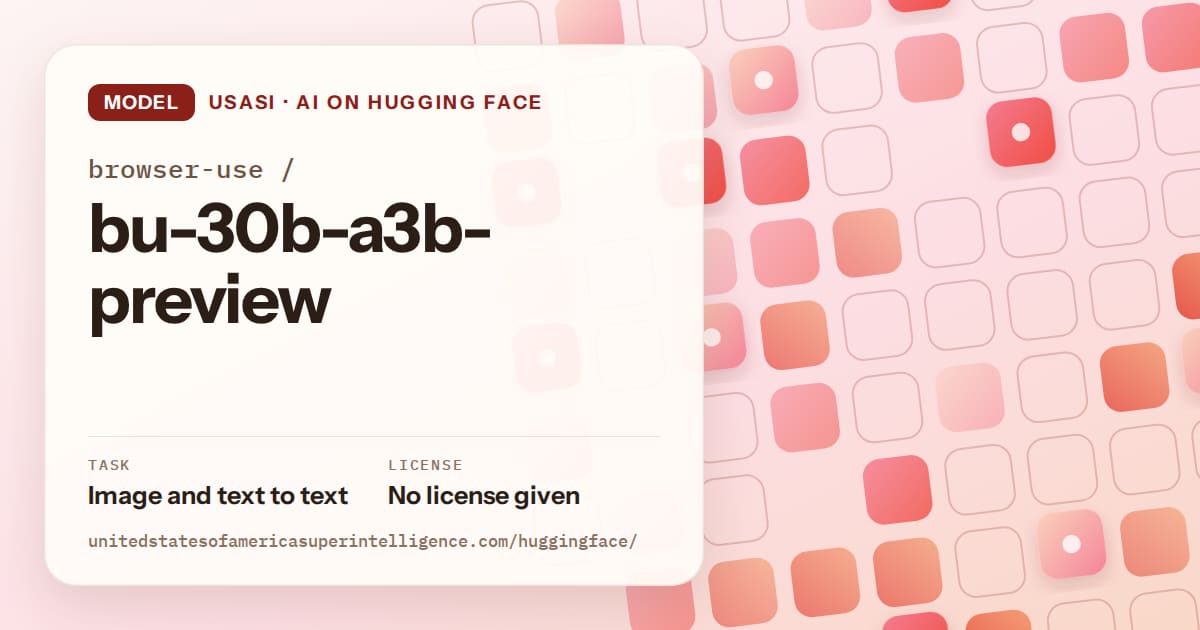Generated coral rounded-tile grid artwork for the model browser-use/bu-30b-a3b-preview, labeled USASI · AI on Hugging Face, with Task: Image and text to text · License: No license given.