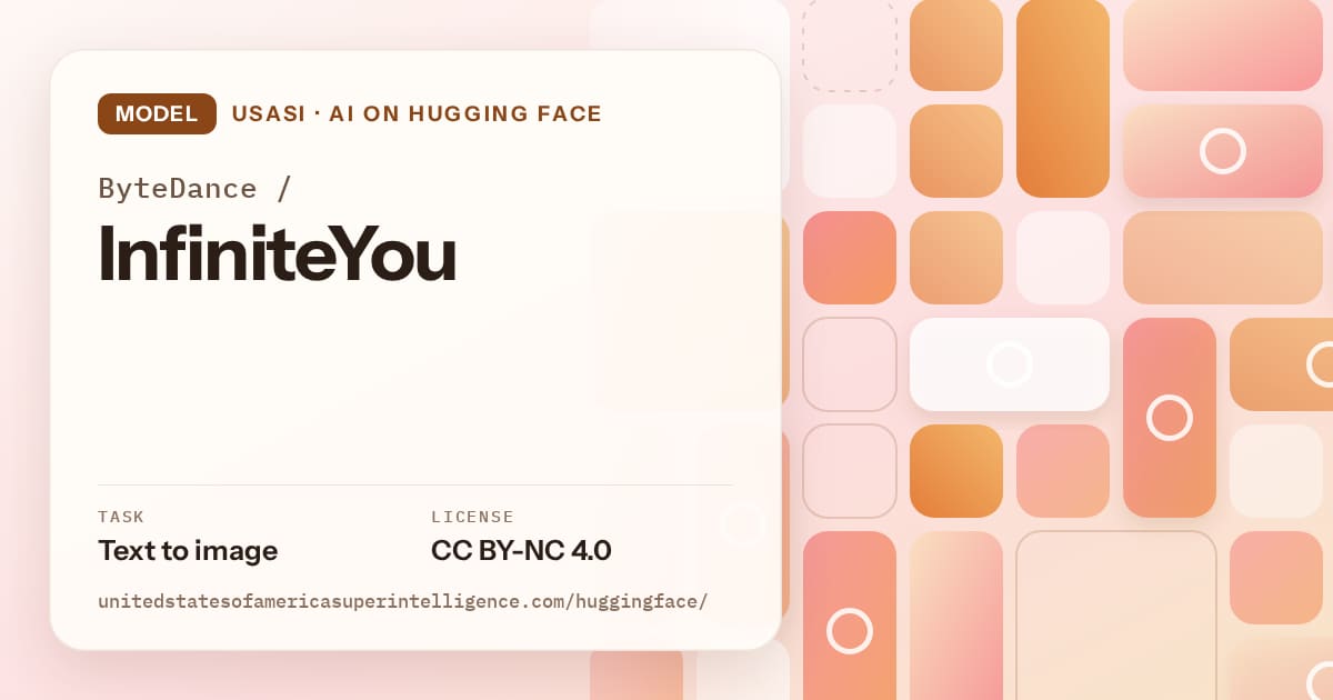 Generated orange tile-mosaic artwork for the model ByteDance/InfiniteYou, labeled USASI · AI on Hugging Face, with Task: Text to image · License: CC BY-NC 4.0.