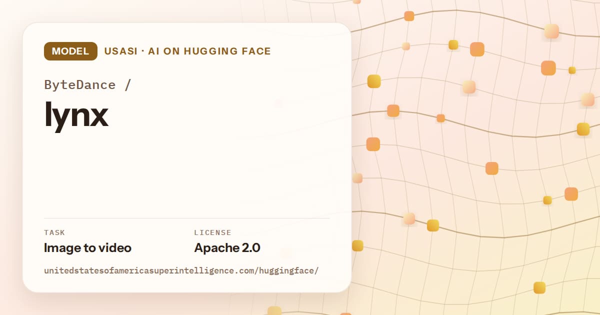 Generated amber wave-lattice artwork for the model ByteDance/lynx, labeled USASI · AI on Hugging Face, with Task: Image to video · License: Apache 2.0.