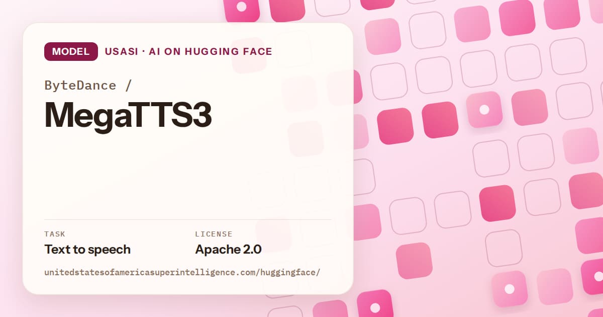 Generated rose rounded-tile grid artwork for the model ByteDance/MegaTTS3, labeled USASI · AI on Hugging Face, with Task: Text to speech · License: Apache 2.0.