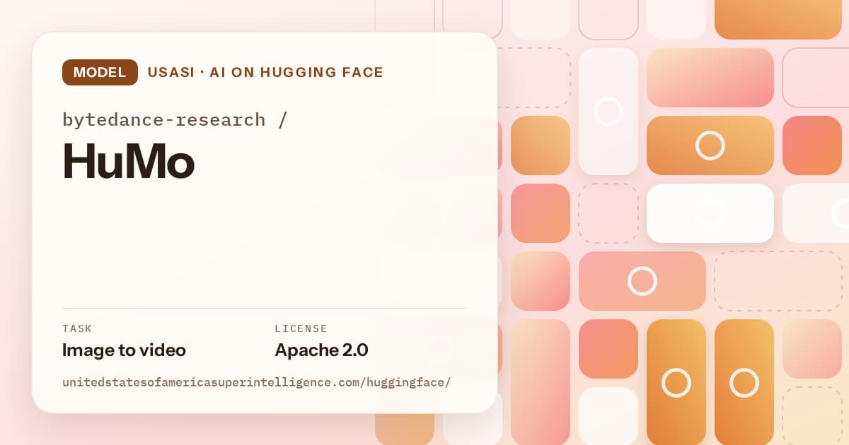 Generated orange tile-mosaic artwork for the model bytedance-research/HuMo, labeled USASI · AI on Hugging Face, with Task: Image to video · License: Apache 2.0.