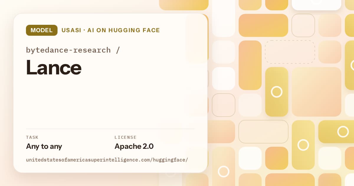 Generated gold tile-mosaic artwork for the model bytedance-research/Lance, labeled USASI · AI on Hugging Face, with Task: Any to any · License: Apache 2.0.