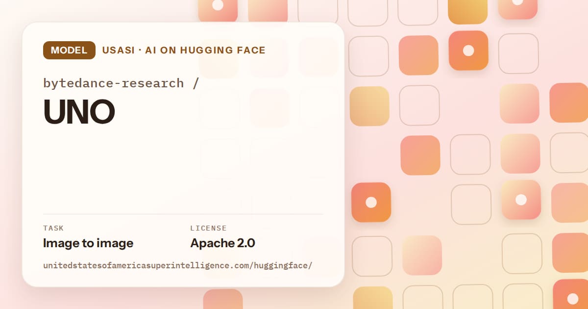 Generated orange rounded-tile grid artwork for the model bytedance-research/UNO, labeled USASI · AI on Hugging Face, with Task: Image to image · License: Apache 2.0.