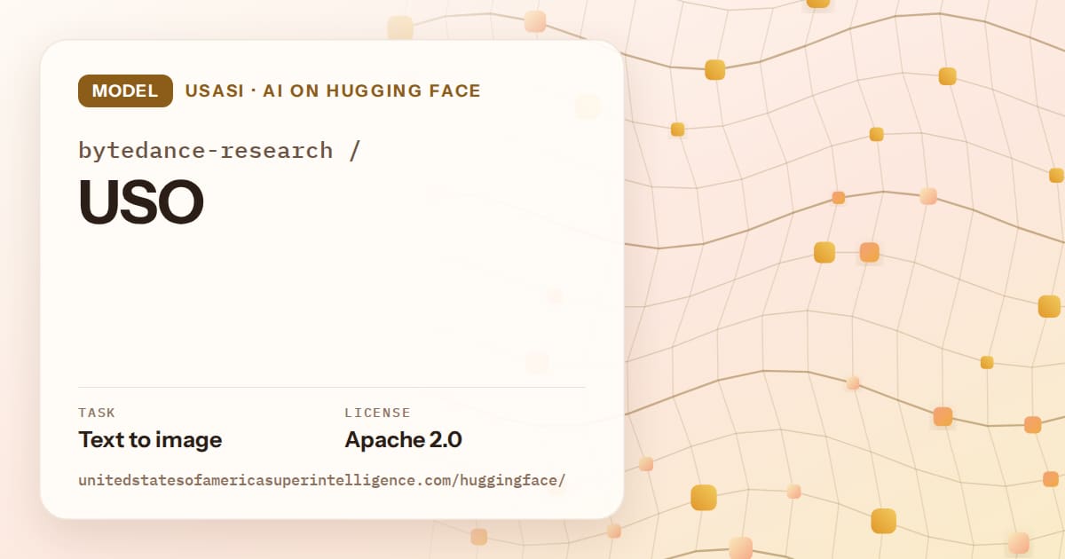 Generated amber wave-lattice artwork for the model bytedance-research/USO, labeled USASI · AI on Hugging Face, with Task: Text to image · License: Apache 2.0.