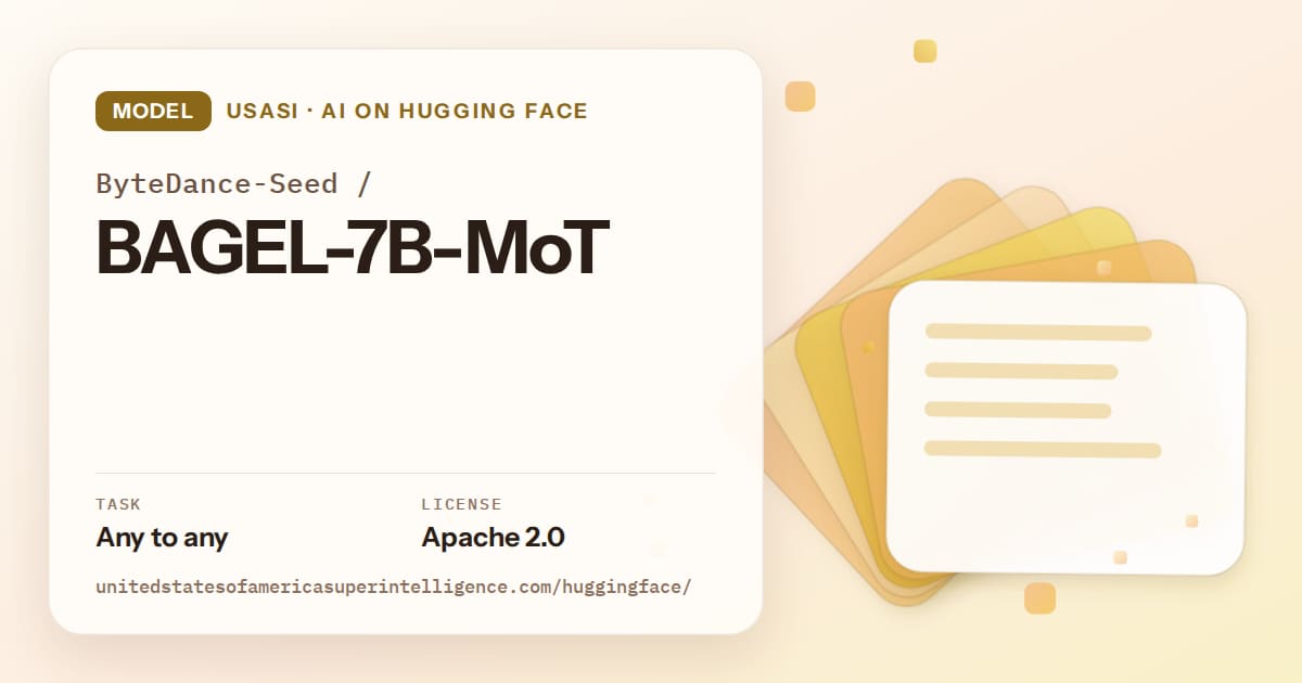 Generated amber layered-card artwork for the model ByteDance-Seed/BAGEL-7B-MoT, labeled USASI · AI on Hugging Face, with Task: Any to any · License: Apache 2.0.