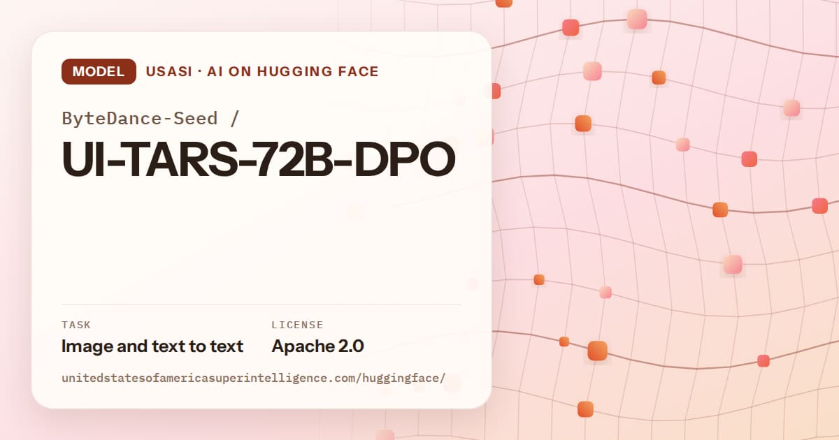 Generated tangerine wave-lattice artwork for the model ByteDance-Seed/UI-TARS-72B-DPO, labeled USASI · AI on Hugging Face, with Task: Image and text to text · License: Apache 2.0.