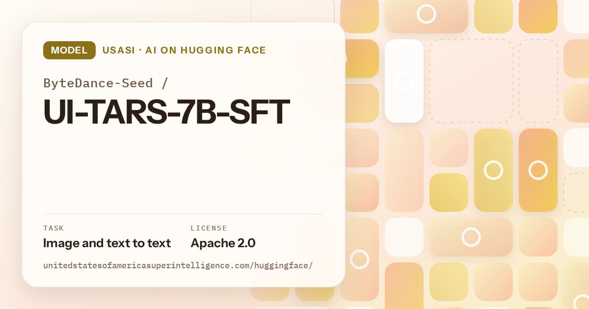 Generated gold tile-mosaic artwork for the model ByteDance-Seed/UI-TARS-7B-SFT, labeled USASI · AI on Hugging Face, with Task: Image and text to text · License: Apache 2.0.
