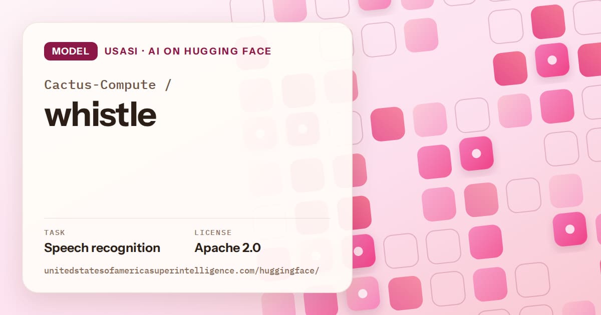 Generated rose rounded-tile grid artwork for the model Cactus-Compute/whistle, labeled USASI · AI on Hugging Face, with Task: Speech recognition · License: Apache 2.0.