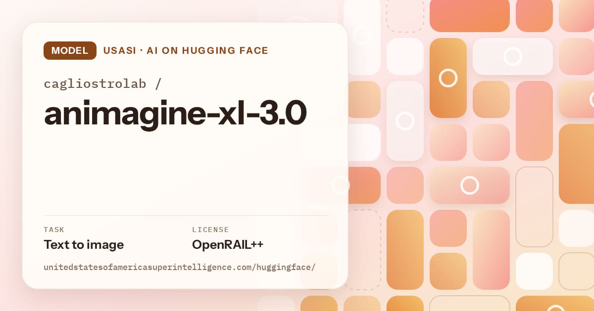 Generated orange tile-mosaic artwork for the model cagliostrolab/animagine-xl-3.0, labeled USASI · AI on Hugging Face, with Task: Text to image · License: OpenRAIL++.