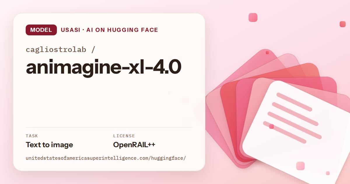 Generated coral layered-card artwork for the model cagliostrolab/animagine-xl-4.0, labeled USASI · AI on Hugging Face, with Task: Text to image · License: OpenRAIL++.