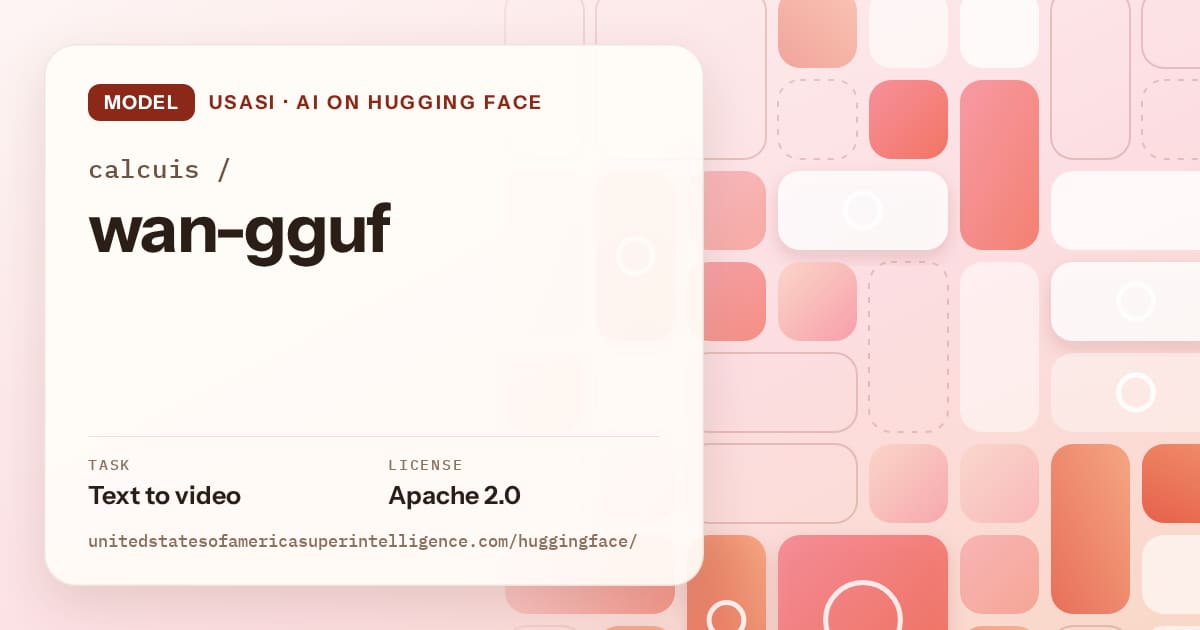 Generated coral tile-mosaic artwork for the model calcuis/wan-gguf, labeled USASI · AI on Hugging Face, with Task: Text to video · License: Apache 2.0.
