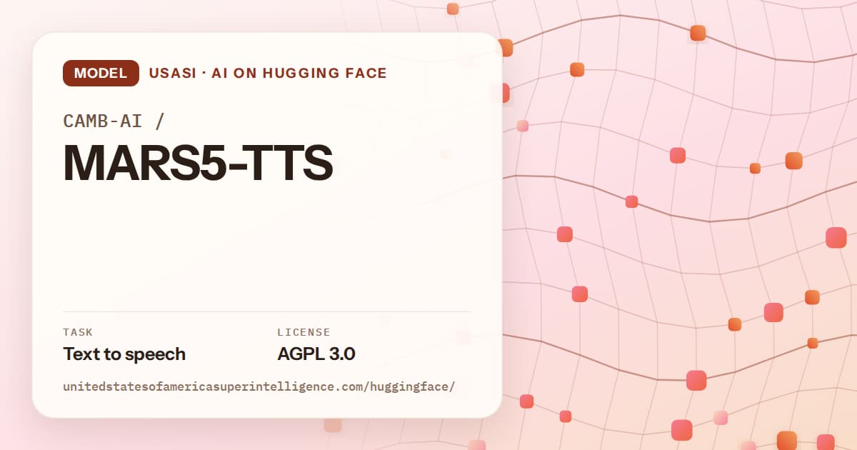 Generated tangerine wave-lattice artwork for the model CAMB-AI/MARS5-TTS, labeled USASI · AI on Hugging Face, with Task: Text to speech · License: AGPL 3.0.