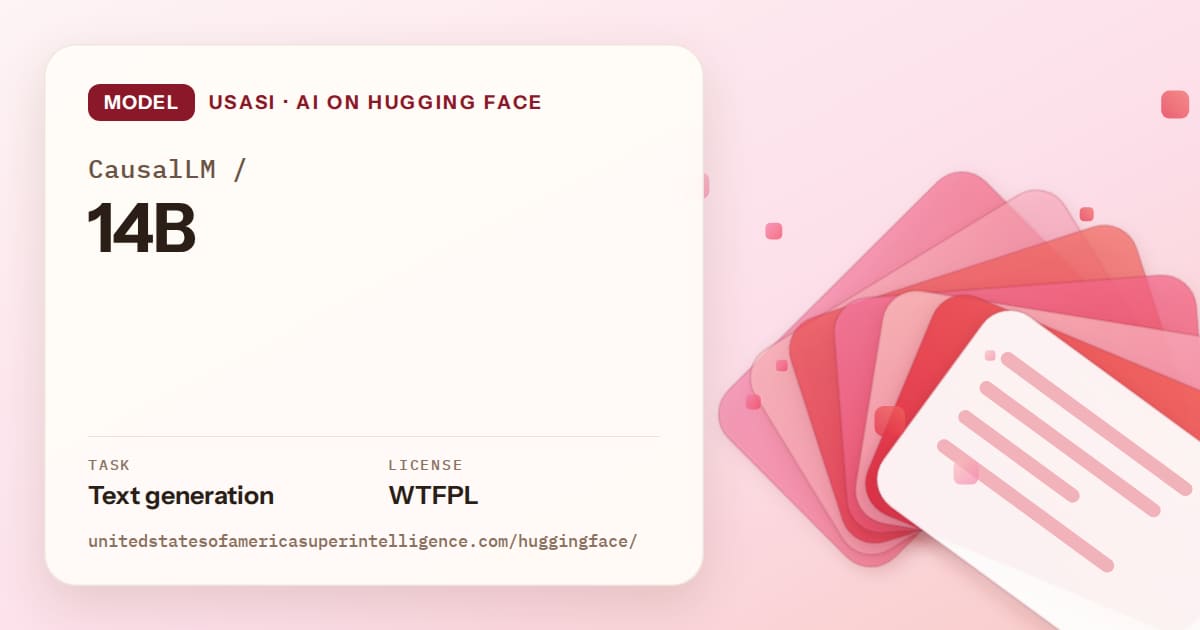 Generated coral layered-card artwork for the model CausalLM/14B, labeled USASI · AI on Hugging Face, with Task: Text generation · License: WTFPL.