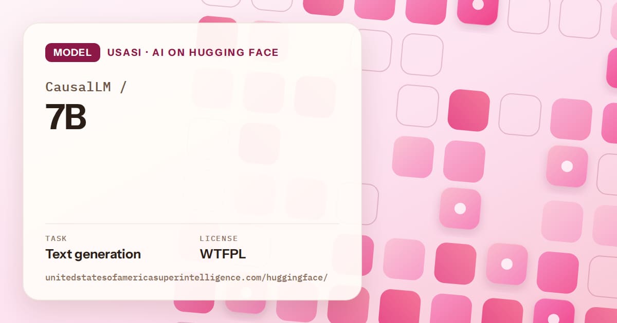 Generated rose rounded-tile grid artwork for the model CausalLM/7B, labeled USASI · AI on Hugging Face, with Task: Text generation · License: WTFPL.