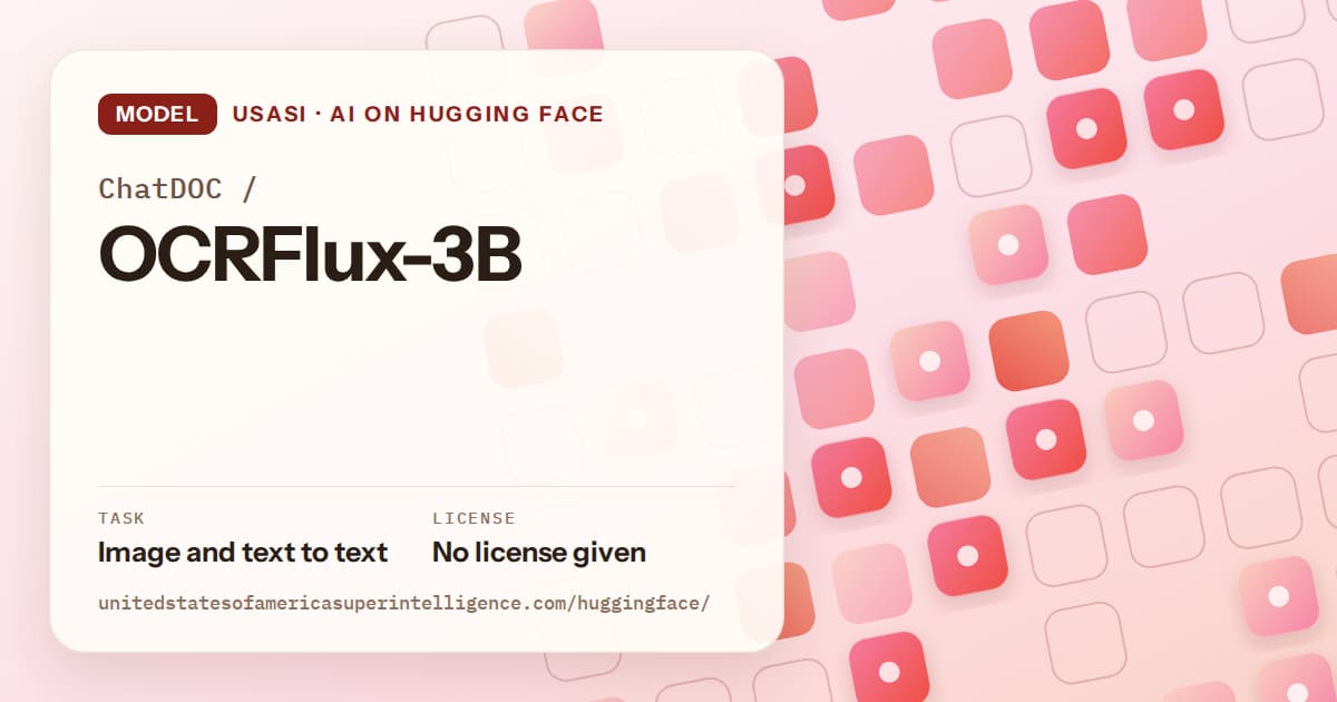 Generated coral rounded-tile grid artwork for the model ChatDOC/OCRFlux-3B, labeled USASI · AI on Hugging Face, with Task: Image and text to text · License: No license given.